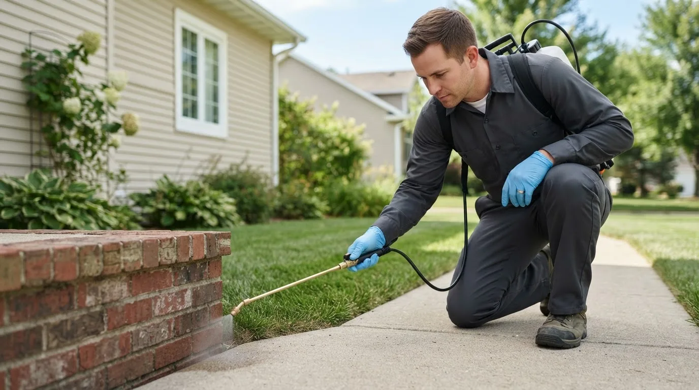 Pest control technician treating a home near Gladbrook, IA